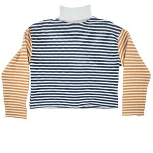 Zara Sweater Women's Turtleneck Long Sleeve Cropped White Navy Yellow Stripe S